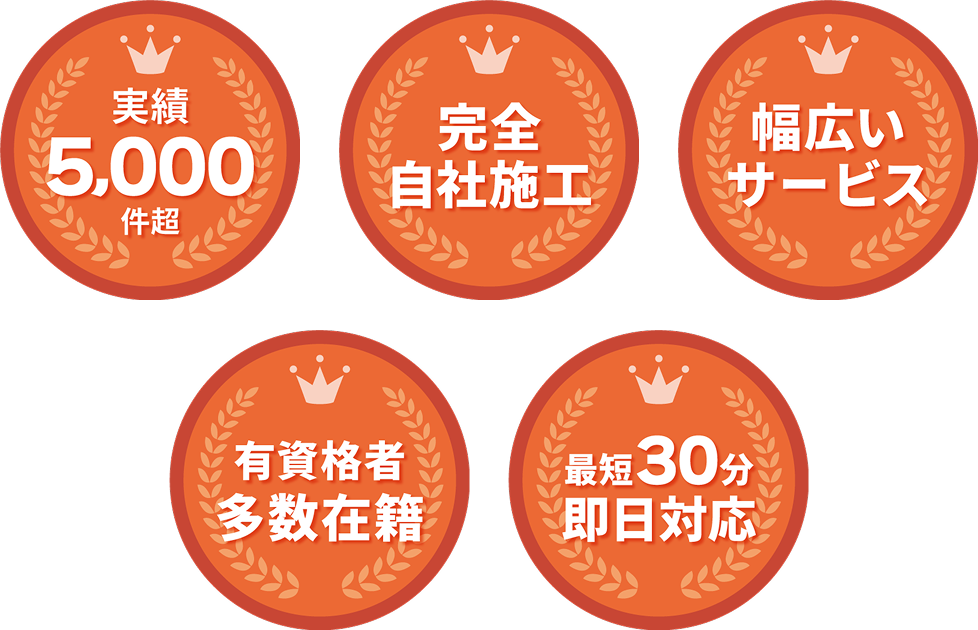 広島伐採.comのポイント:実績5000件超、完全自社施工、幅広いサービス、有資格者多数在籍、最短30分即日対応
